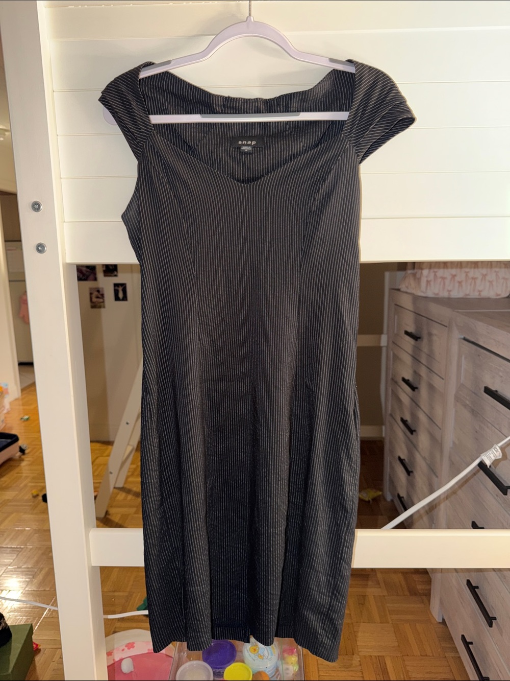 Snap Black Pinstripe Midi Dress with Cap Sleeves